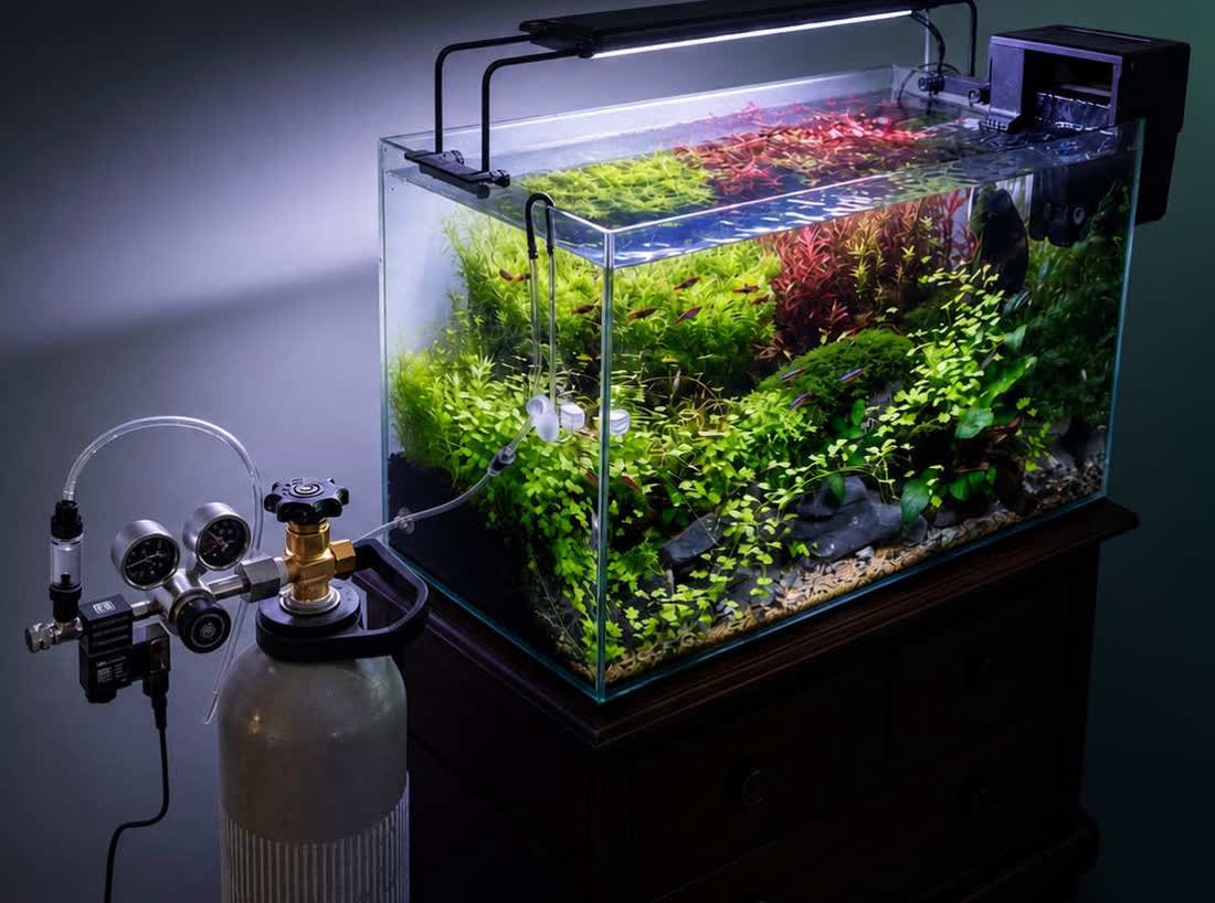 A planted aquarium lit in a dark room, fed by a CO2Art regulator on a cylinder beside the cabinet